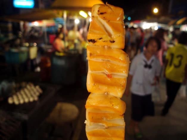This is some grilled squid or octopus that I tried in the night market of Surin, East Thailand. Surprisingly tasty.